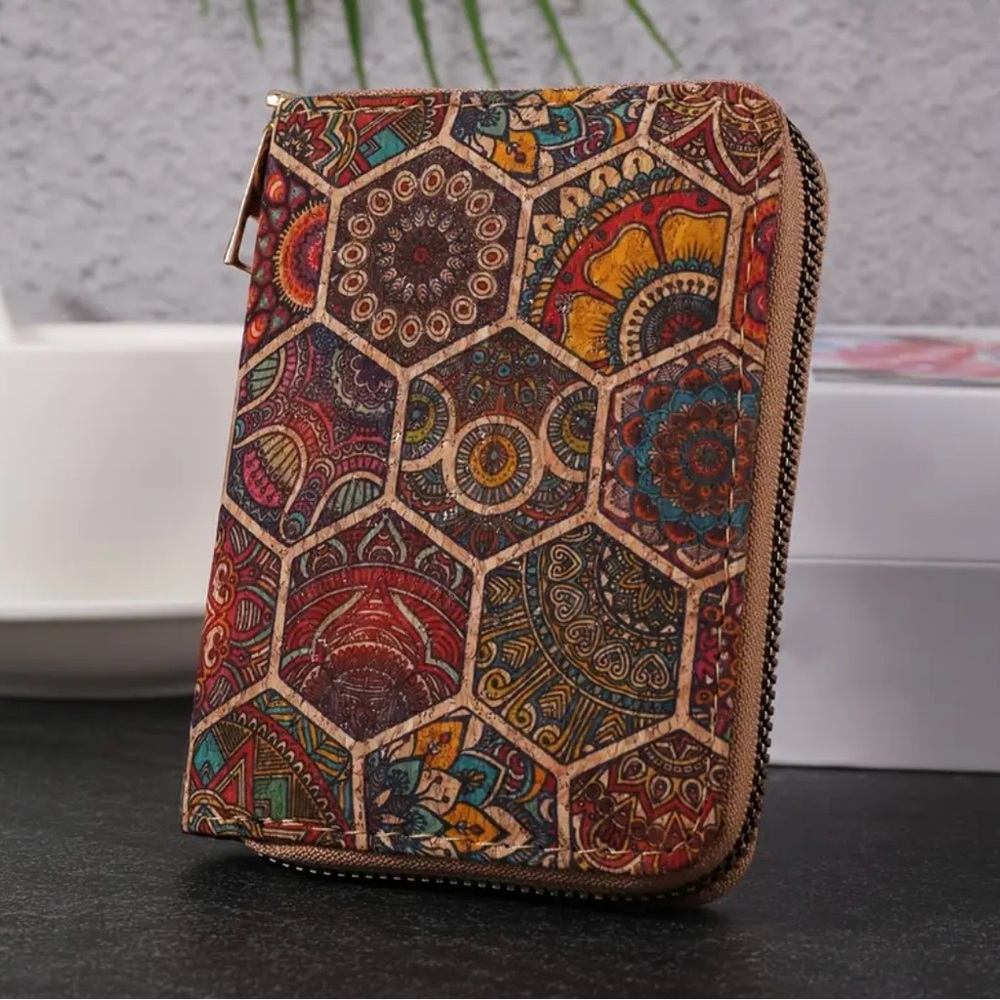 Boho Cork Mini Wallet Floral Coin Purse Zipper Credit Card Holder Vegan Travel